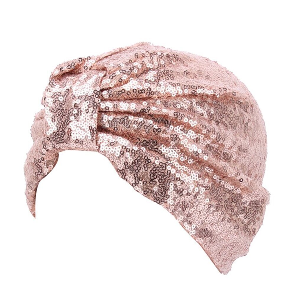 1831 Sparkly Sequin Twist Pleated Hair Wrap Stretch Turban S232 Skin Pink